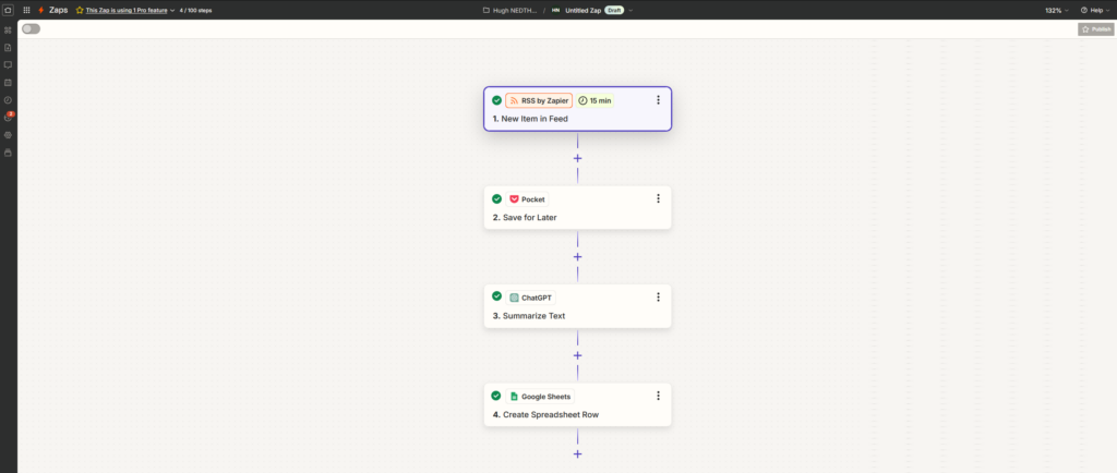 Workflow automatisé d'une veille presse du flux du blog IA de Google avec enregistrement automatique sur le lecteur Pocket puis résumé par ChatGPT et enregistrement sur GoogleSheets