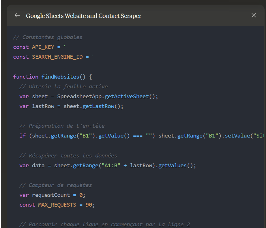 script sur google sheets généré par l'IA pour rechercher les sites webs des leads